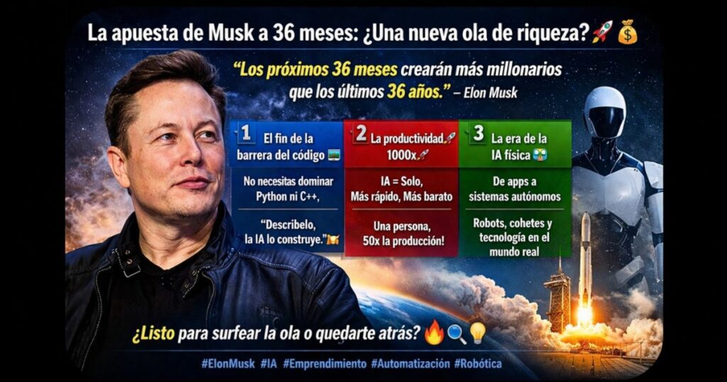 Elon Musk predice que en los próximos tres años habrá más millonarios que en las últimas tres décadas, impulsados ​​por la inteligencia artificial, la automatización y el colapso de las barreras de entrada.